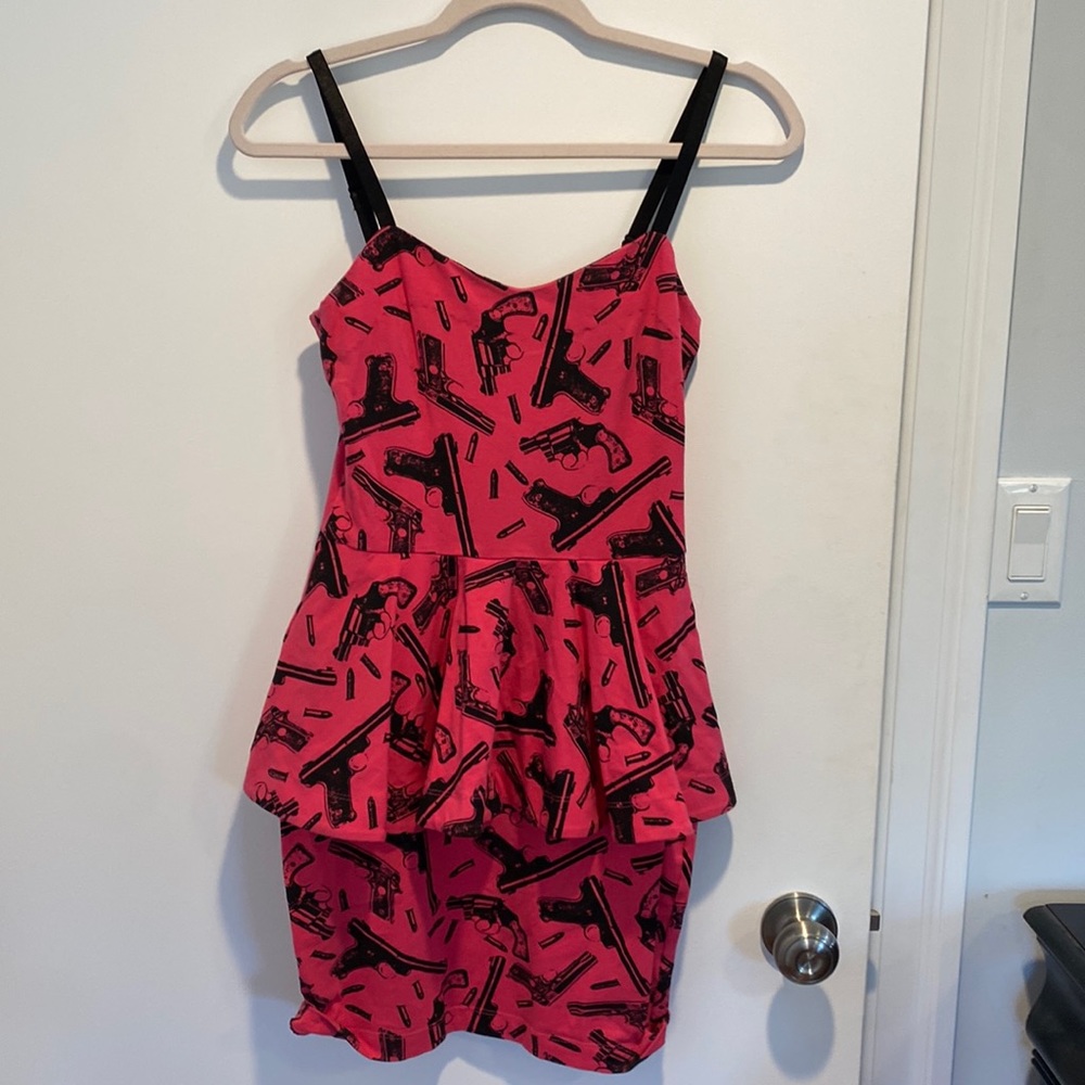 Betsey Johnson peplum pink gun print dress.